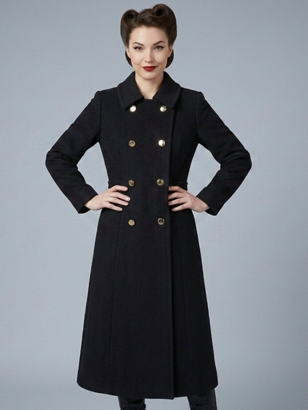 Vtg 60s Black Wool Pea Coat Jacket Double Breasted Long Trench Mod Dark Academia
